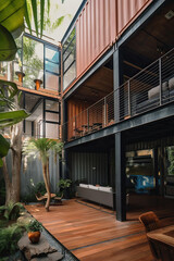 House made of containers with tropical plants decorating the place. Creative architecture using repurposed shipping containers for a stylish and eco-friendly living space.