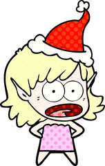 comic book style illustration of a shocked elf girl wearing santa hat