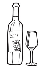 Wine bottle and wine glass, hand drawn line art design, outlined isolated vector illustration