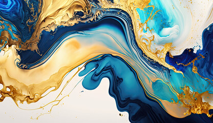 Gold and Blue Marbling with Watercolor Paint Texture Imitation Created Using Generative Ai