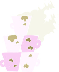 flat color illustration of a cartoon stack of dirty coffee cups