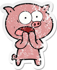 distressed sticker of a cartoon pig shouting