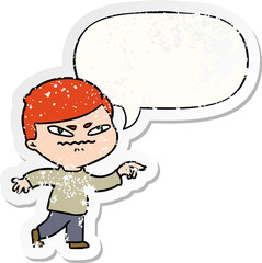 cartoon angry man pointing and speech bubble distressed sticker
