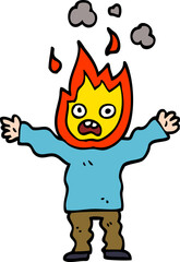 cartoon doodle man with head on fire