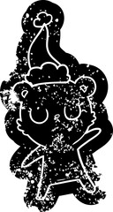 peaceful cartoon distressed icon of a bear wearing santa hat