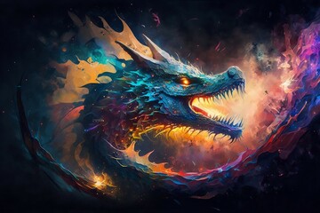 Fototapeta na wymiar Oil painted dragon in space. Ai generative
