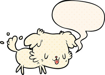 cute cartoon dog wagging tail and speech bubble in comic book style