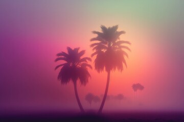 Fototapeta na wymiar Mystical Twilight: Fog-Enshrouded Palms at Dusk. Ai generative