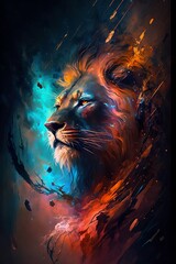 Celestial Majesty: Cosmic Lion in Oil Paint. Ai generative