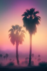 Fototapeta na wymiar Evening Elegance: Sunset Palms and Foggy Glow..Ai generative