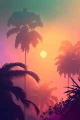 Tropical Twilight: Sunset Palms in Misty Hues. Ai generative