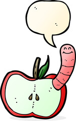 cartoon apple with worm with speech bubble
