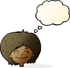 cartoon happy female face with thought bubble