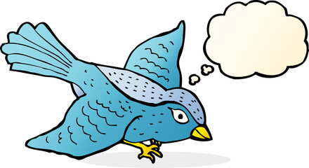 cartoon flying bird with thought bubble