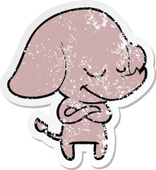 distressed sticker of a cartoon smiling elephant