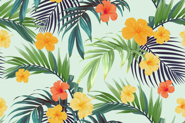 Tropical pattern with green palm leaves and hibiscus flowers. Summer bright vector background or textile illustration.