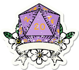 natural 20 critical hit D20 dice roll grunge sticker