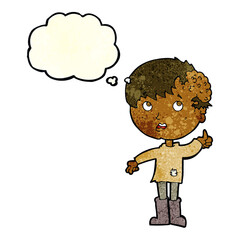 cartoon boy with growth on head with thought bubble
