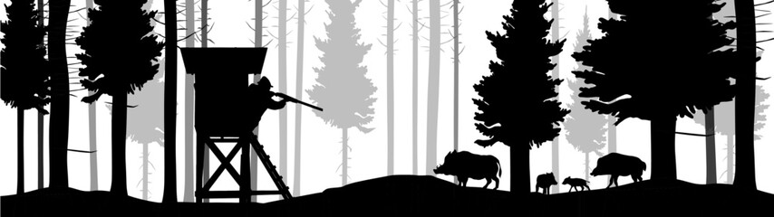 Wildlife forest landscape hunt hunting adventure background banner illustration vector for logo - Black silhouette of hunter perch stand, wild boar  family, isolated on white background