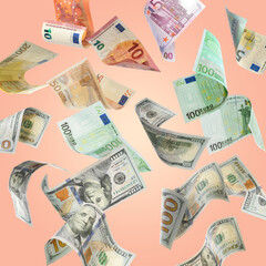 Money exchange. Many dollars and euro banknotes falling on pale coral background