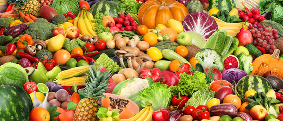 Assortment of fresh vegetables and fruits as background, banner design