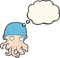 cartoon alien head wearing hat with thought bubble