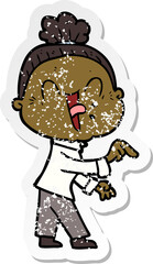 distressed sticker of a cartoon happy old woman