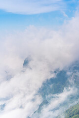 Beautiful view from Fansipan mountain with a Buddhistic temple. Sa Pa, Lao Cai Province, Vietnam.