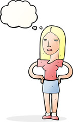 cartoon woman with hands on hips with thought bubble