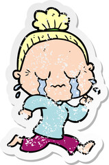 distressed sticker of a cartoon crying old lady