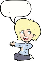 cartoon shocked woman on knees with speech bubble