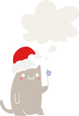 cute cartoon christmas cat and thought bubble in retro style