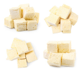 Collage with tasty yellow marshmallows on white background