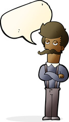 cartoon man with mustache with speech bubble