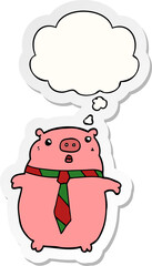 cartoon pig wearing office tie and thought bubble as a printed sticker