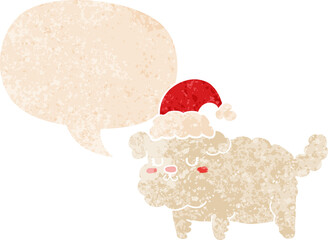 cute christmas dog and speech bubble in retro textured style