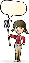 cartoon farmer girl with speech bubble