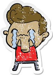 distressed sticker of a cartoon man crying