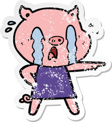 distressed sticker of a crying pig cartoon wearing human clothes