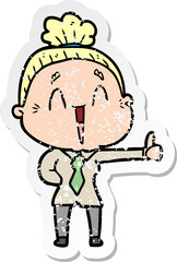 distressed sticker of a cartoon happy old lady