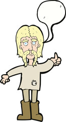 cartoon hippie man giving thumbs up symbol with speech bubble