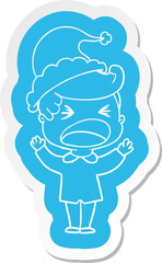 cartoon  sticker of a shouting man wearing santa hat