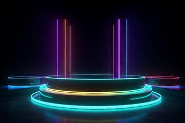 Modern minimal stage empty display shelves podium, cyber sci-fi neon color light background.Generative AI