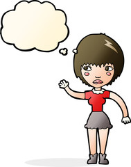 cartoon waving woman with thought bubble