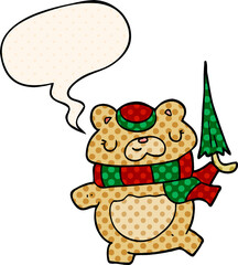 cartoon bear and umbrella and speech bubble in comic book style