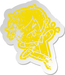 distressed old sticker of a kawaii cute boy