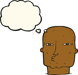 cartoon bald tough guy with thought bubble