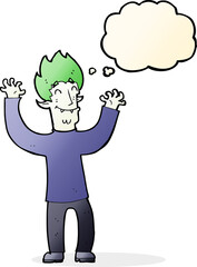 cartoon happy vampire man with thought bubble