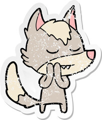 distressed sticker of a friendly cartoon wolf