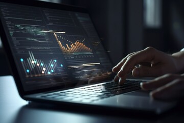 Business finance data analytics reimagined: advisor utilizing AI technology with KPI dashboard for data-driven decision making. Close-up of hand, typing keyboard, AI